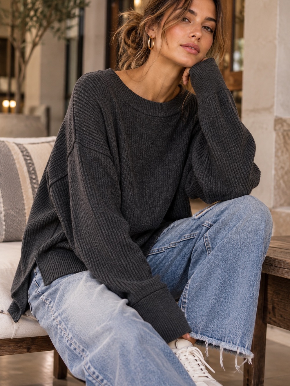Oversized Ribbed Sweater Charcoal Gray Slouchy Drop Shoulder Aerie Small